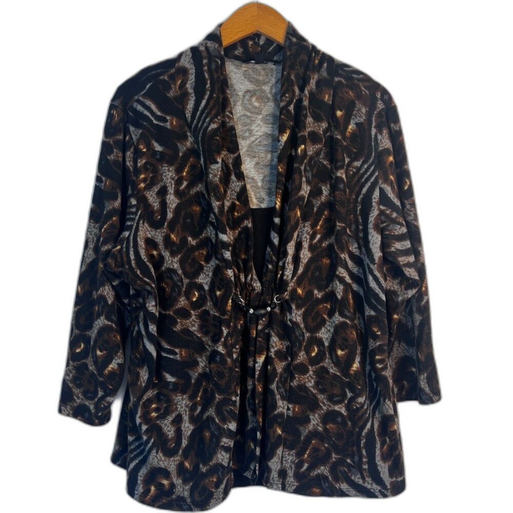 Notations Woman Animal Print 3/4 Sleeve Front Clasp Sweater Size 2X
